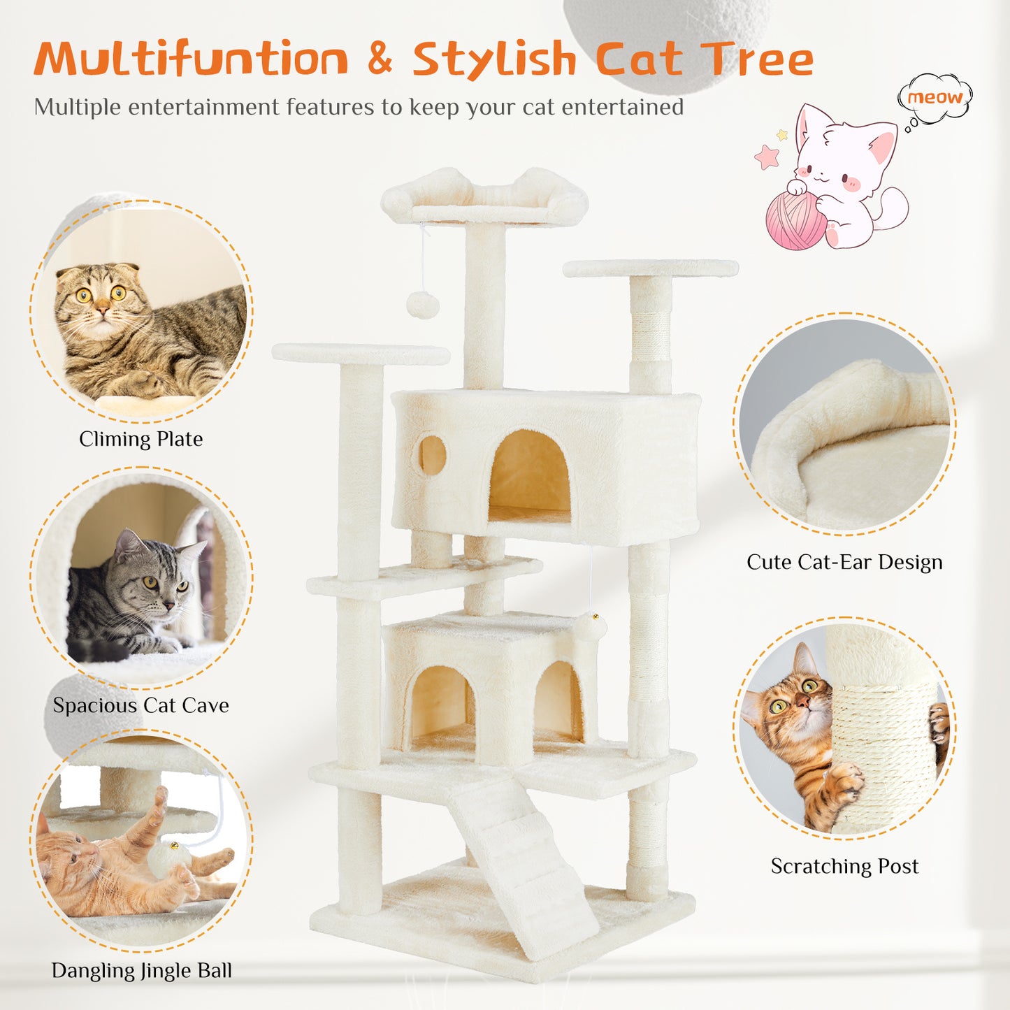 Premium 54-Inch Cat Tree with Adorable Cat-Ear Design