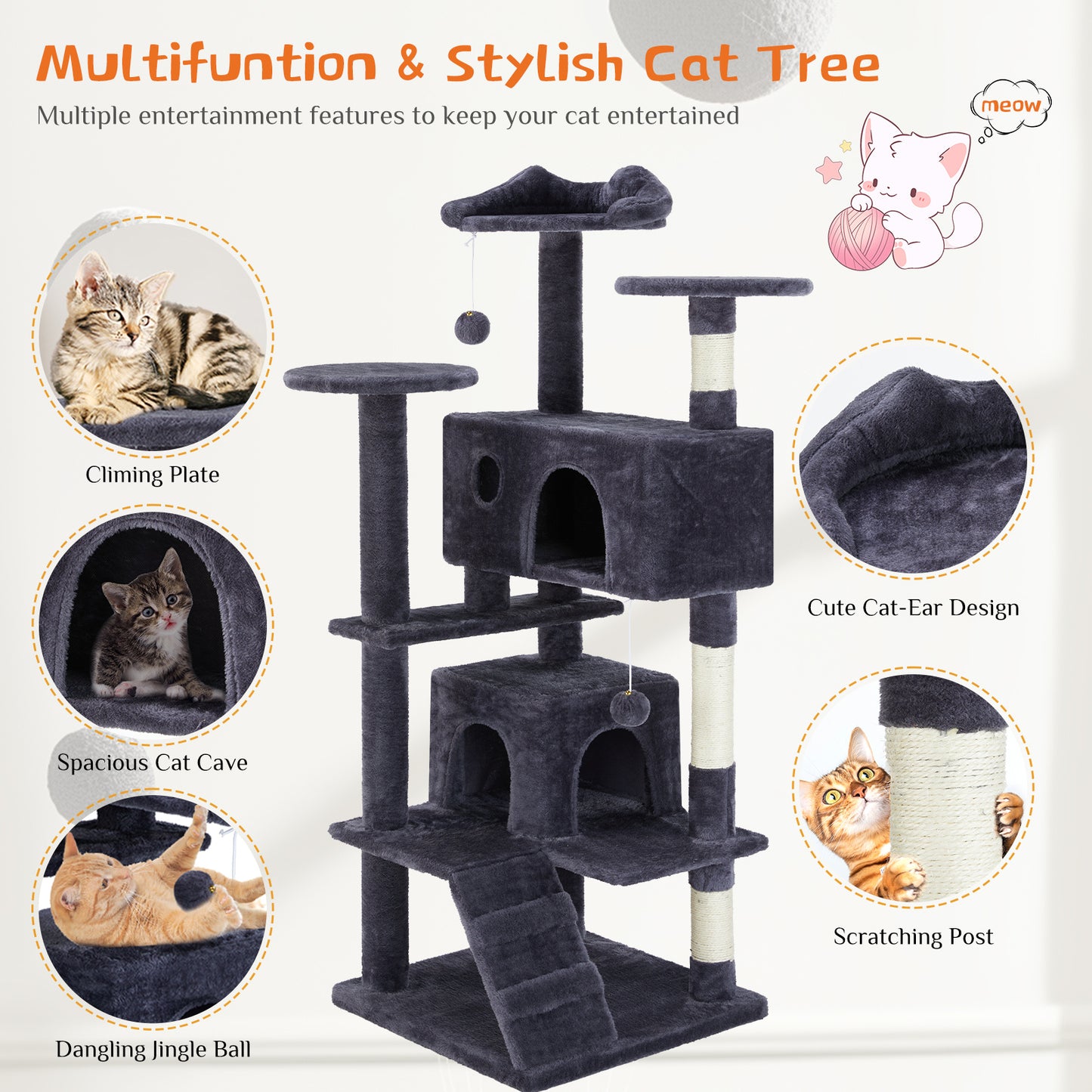 Premium 54-Inch Cat Tree with Adorable Cat-Ear Design